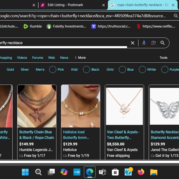 Butterfly Necklace Heavy Rope Chain = Goldtone NEW  Dr 6 In  Black Box - Picture 9 of 12